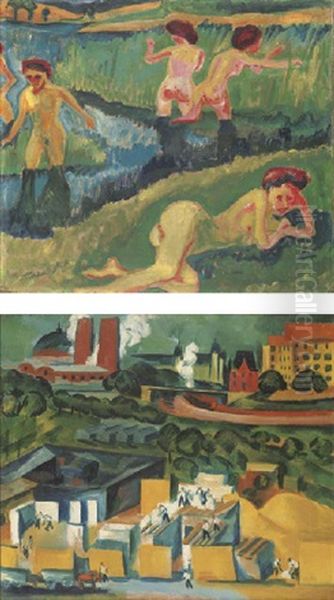 Vier Badende (+ Baustelle In Schmargendorf, Verso) Oil Painting by Max Pechstein