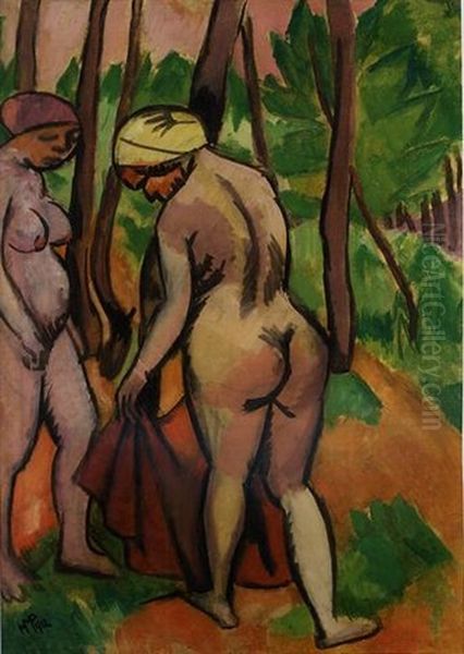Zwei Akte Am Waldesrand (two Nudes In A Forest) Oil Painting by Max Pechstein