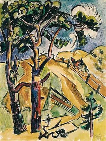 Landschaft Mit Baumen Und Fuhrwerk Oil Painting by Max Pechstein