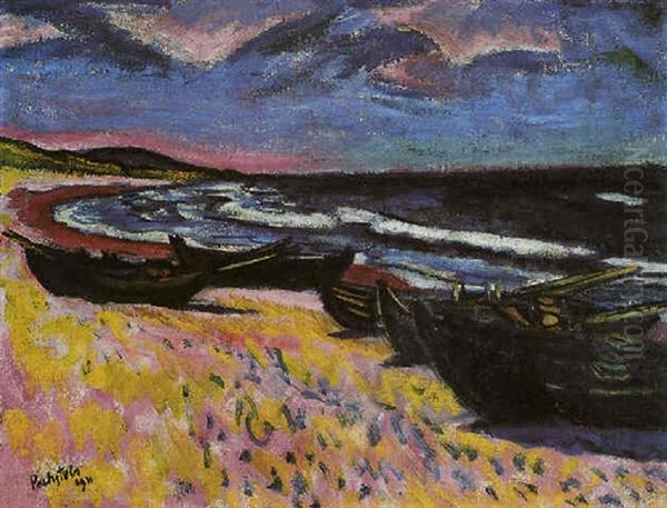 Boote Am Strand Von Nidden Oil Painting by Max Pechstein