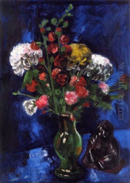 Blumenstilleben Mit Chinesischen Buddha Oil Painting by Max Pechstein