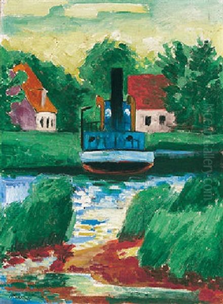 Kleiner Dampfer Und Hauser Oil Painting by Max Pechstein