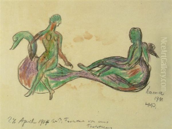 Zwei Frauen Auf Schwanen Oil Painting by Max Pechstein