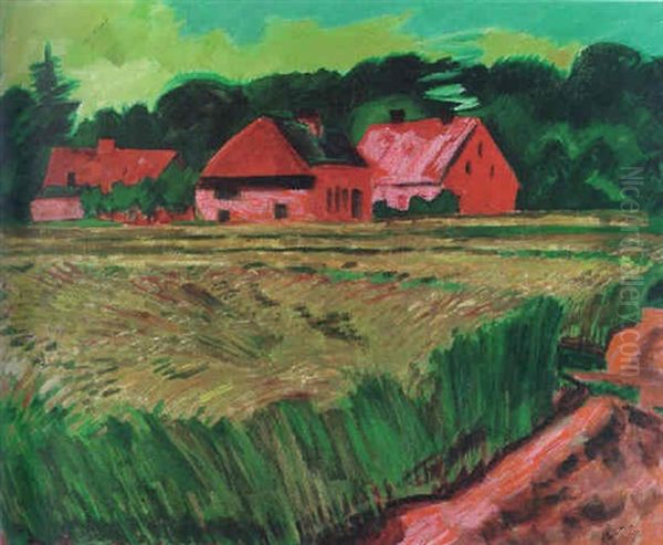 Bauernhauser Mit Getreidefeld In Leba Oil Painting by Max Pechstein
