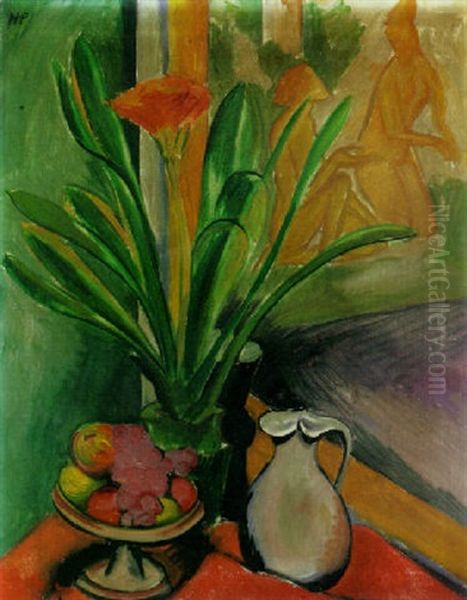 Blumenstilleben: Clivia, Obst Und Krug Oil Painting by Max Pechstein
