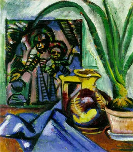 Stilleben Mit Krug Und Blattpflanze Oil Painting by Max Pechstein