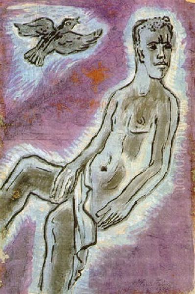 Nachts (mannlicher Akt Mit Vogel) Oil Painting by Max Pechstein