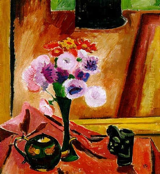 Stilleben Mit Pfeifenkopf (grasland) Und Teekanne Oil Painting by Max Pechstein