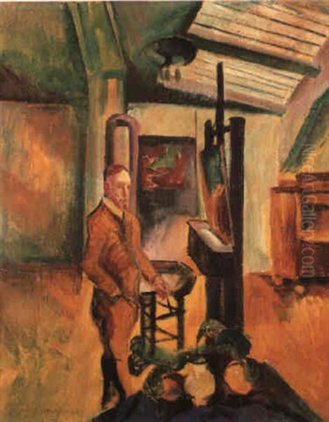 Bei Der Arbeit Im Atelier, Selbstbildnis Oil Painting by Max Pechstein