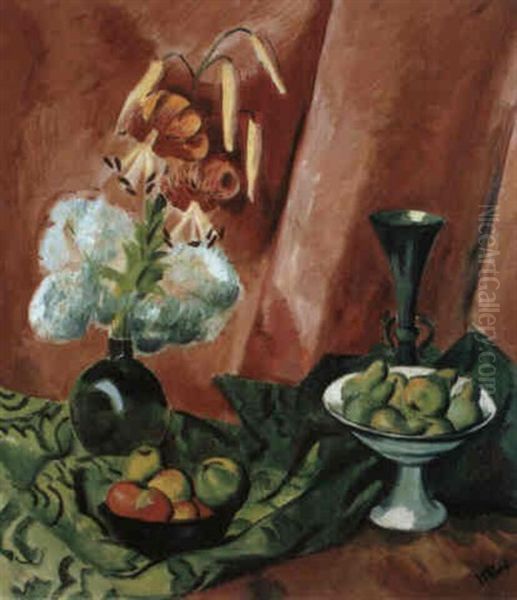 Stilleben Mit Apfeln, Birnen Und Feuerlilien Oil Painting by Max Pechstein