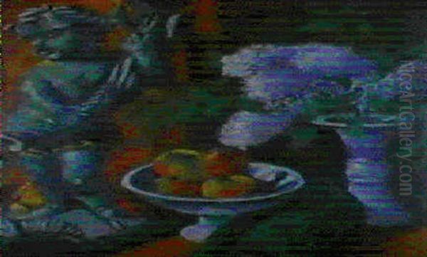 Stilleben Mit Flieder (putto Und Obstschale)   Olstudie Einer Waldlandschaft Oil Painting by Max Pechstein