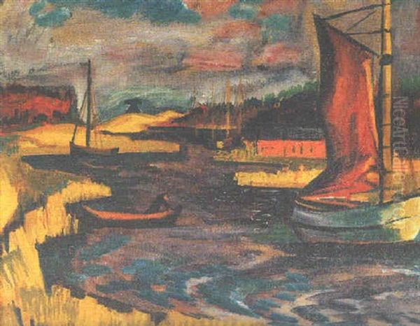 Segelkutter Im Hafen Leba Oil Painting by Max Pechstein