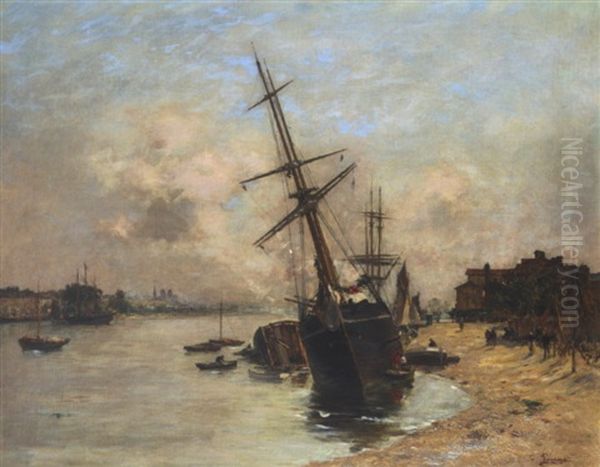 Bateaux De Peche A Maree Basse Oil Painting by Charles Francois Pecrus