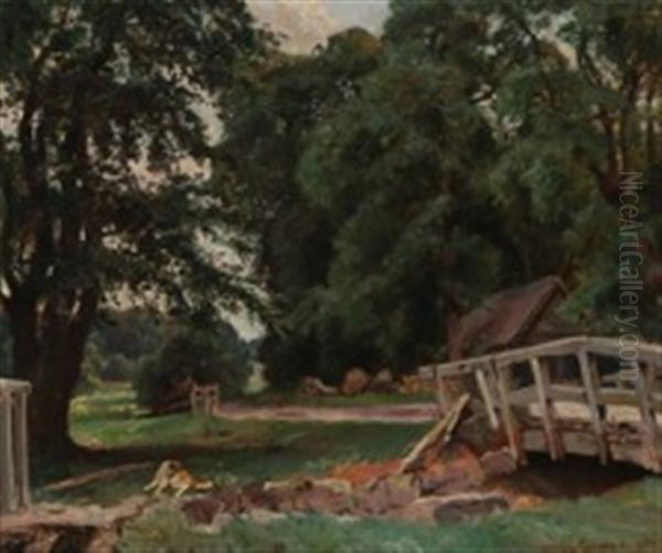 A Dog Resting By A Small Stream Oil Painting by Viggo Christian Frederick Pedersen