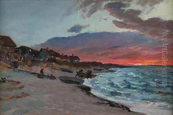 Fischerhutten Im Sonnenuntergang Am Strand Von Tisvildeleje Im Danischen Nordseeland Oil Painting by Viggo Christian Frederick Pedersen