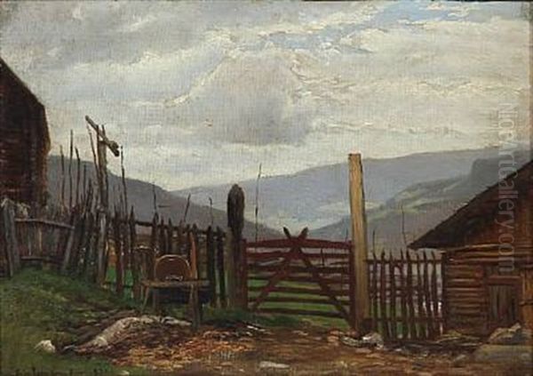 View From A Farm With A View Towards The Mountains In Oyer, Norway Oil Painting by Viggo Christian Frederick Pedersen