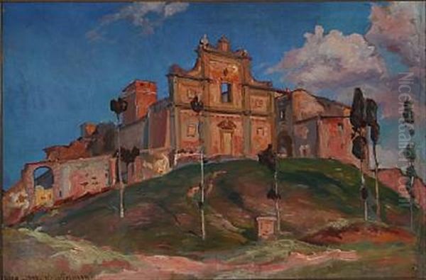 Under Badia-kirkens Ruiner. Solnedgang. Volterra Oil Painting by Viggo Pedersen