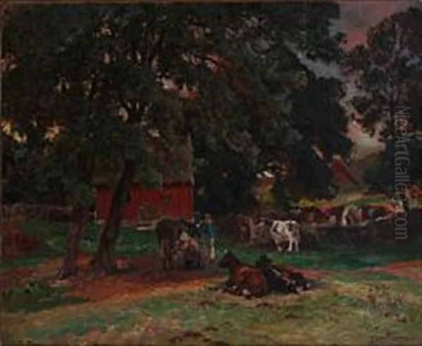 View From Skane With Cows Being Milked, Sweden Oil Painting by Viggo Christian Frederick Pedersen