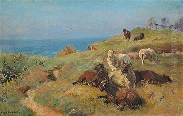 Sheeps In The Field With The Sea In The Background Oil Painting by Viggo Christian Frederick Pedersen
