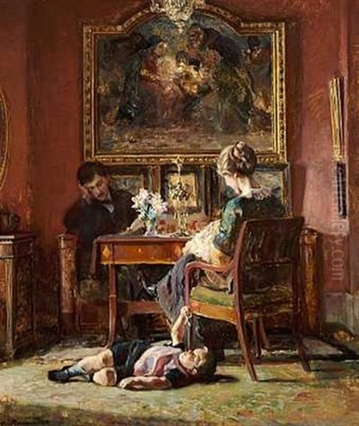 Dagligstue Med Tre Figurer Oil Painting by Viggo Christian Frederick Pedersen