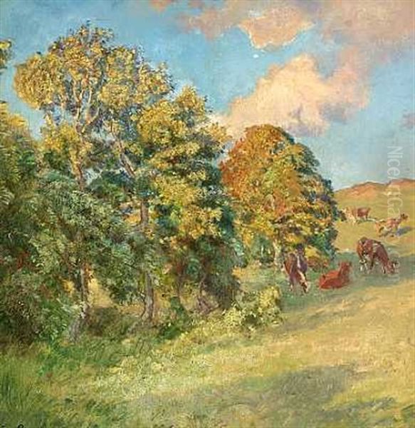 Landskab Med Graessende Koer Oil Painting by Viggo Pedersen