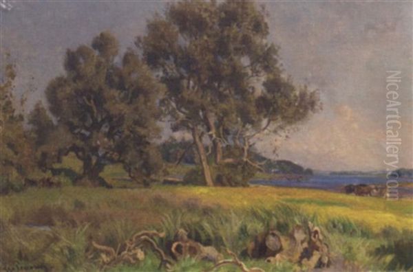 Horses In A Coastal Meadow Oil Painting by Viggo Christian Frederick Pedersen