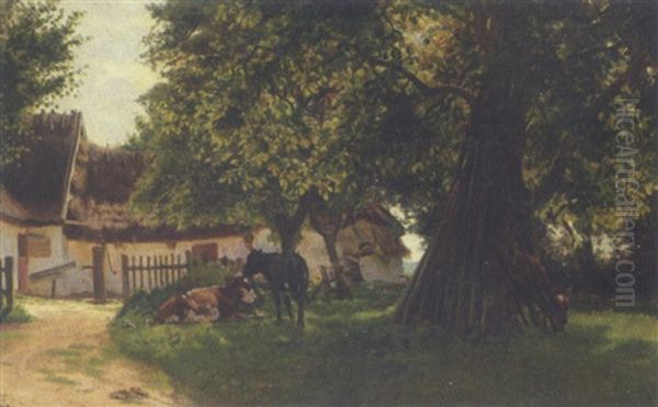 Kalve I Skyggen Under Et Valnoddetrae Bag Bondegaarden Oil Painting by Viggo Pedersen