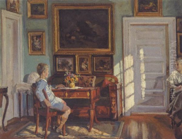 Solskin I En Stue Med Figurer Oil Painting by Viggo Pedersen