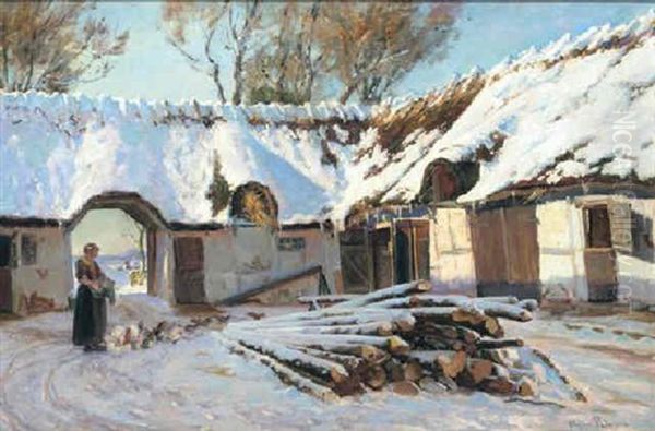 Feeding The Chickens Oil Painting by Viggo Pedersen