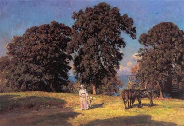 Fritvoksende Traeer Ved Havet, Haga Oil Painting by Viggo Pedersen