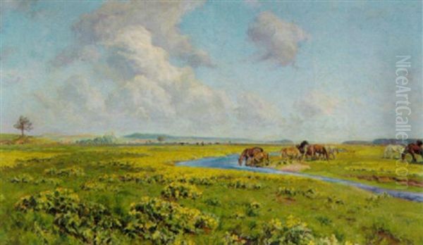 Sommerlandskab Med Heste Ved En Baek Oil Painting by Viggo Pedersen