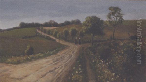 Landskab Med To Kvinder I Passiar, I Baggrunden Hestekoretoj Oil Painting by Viggo Pedersen