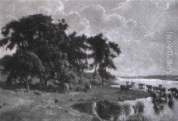 K+er Ved Vandingsstedet Oil Painting by Viggo Christian Frederick Pedersen