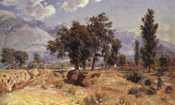 Italiensk Landskab Ved Olevano Oil Painting by Viggo Pedersen