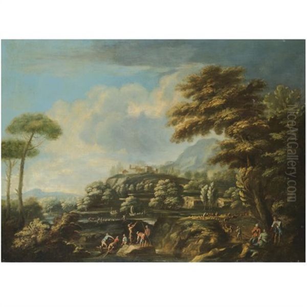 An Extensive River Landscape, With Fishermen Drawing Their Nets In The Foreground, A Hilltop Town Beyond Oil Painting by Bartolomeo Pedon
