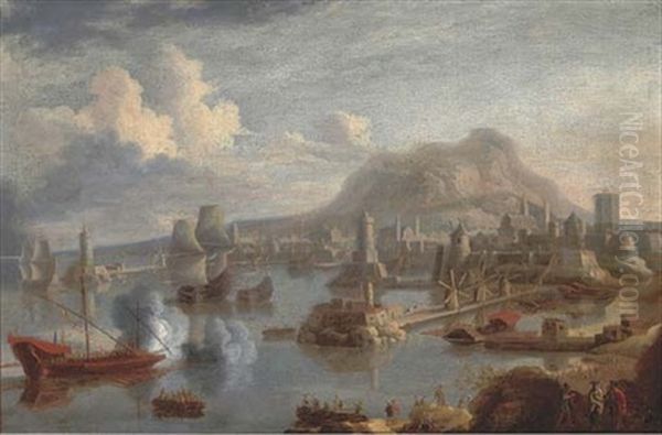 A Capriccio Coastal View Of A Mediterranean Harbour (cefalu In Sicily?) Oil Painting by Bonaventura Peeters the Elder
