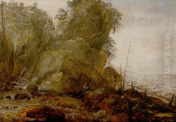 A Mountainous Landscape With A Hermit Reading Beside A River, A Hill Top Town Above Oil Painting by Gillis Egidius I Peeters