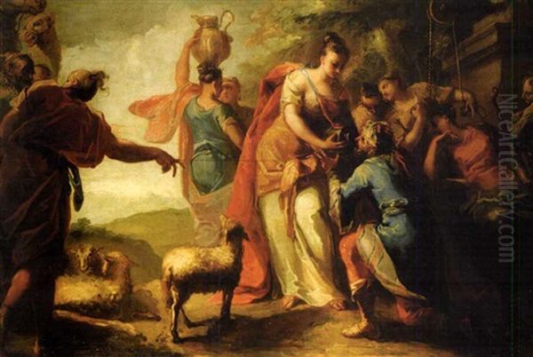 Rebecca And Eliezer At The Well Oil Painting by Giovanni Antonio Pellegrini
