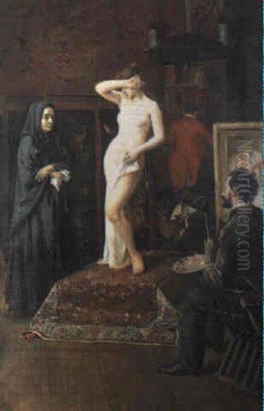 Modelo Posando En El Estudio Del Pintor Oil Painting by Maximino Pena Munoz