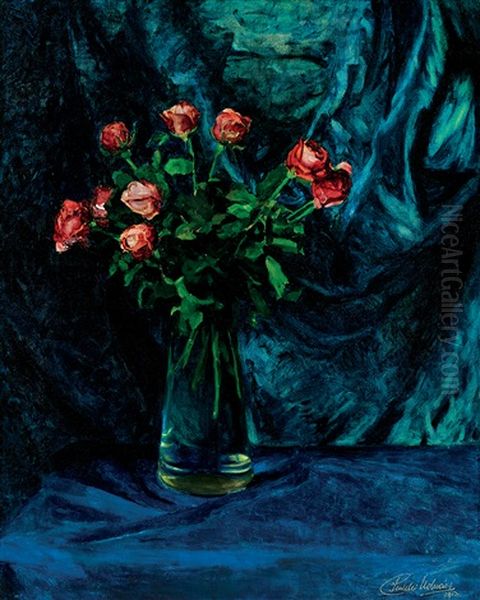 Still-life With Roses Oil Painting by Janos Pentelei-Molnar