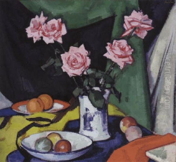 Pink Roses In A Japanese Vase Oil Painting by Samuel John Peploe