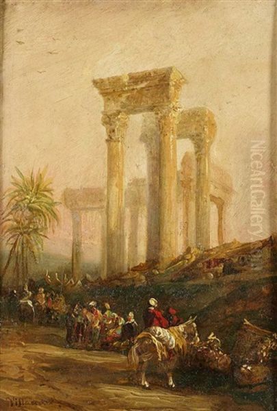 Personajes Orientales Sobre Un Paisaje Con Ruinas Oil Painting by Genaro Perez Villaamil