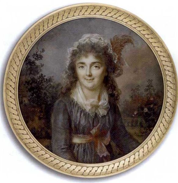 A Young Lady In A Garden, In Grey Silk Dress With Purple Sash Tied In Bow At Waist, White Fichu Tied In Bow At Corsage, Brown Feather In Her Lace Cap In Her Long Curling Powdered Hair ... Oil Painting by Lie-Louis Perin-Salbreux