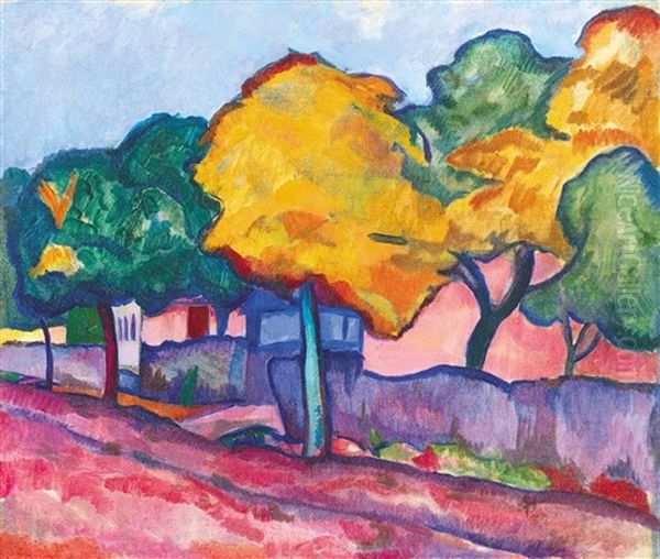 Autumn Street In Baia Mare Oil Painting by Vilmos Perlrott-Csaba