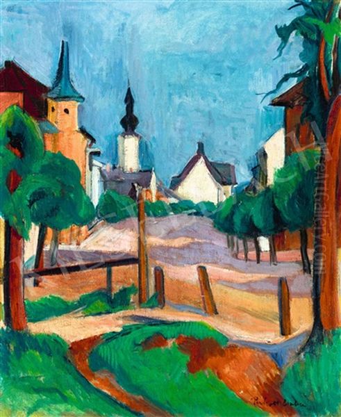 Sunlit Street Oil Painting by Vilmos Perlrott-Csaba