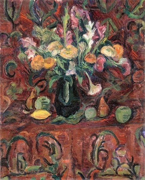 Flower Still-life Wtih Fruits Oil Painting by Vilmos Perlrott-Csaba