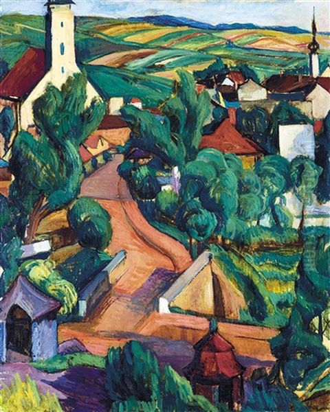 View With A Church Oil Painting by Vilmos Perlrott-Csaba
