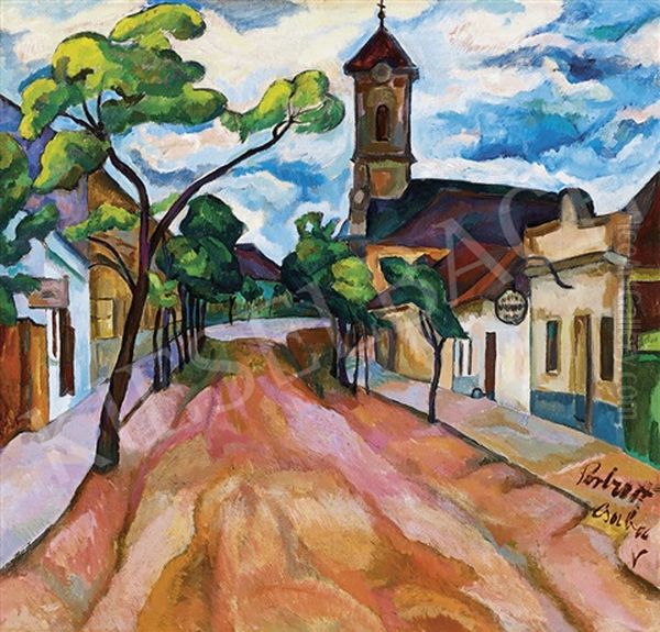 Town With Blue Clouds Oil Painting by Vilmos Perlrott-Csaba