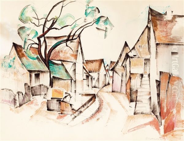 Town Street Oil Painting by Vilmos Perlrott-Csaba