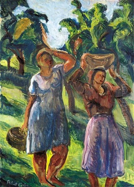 After Fruit Picking Oil Painting by Vilmos Perlrott-Csaba